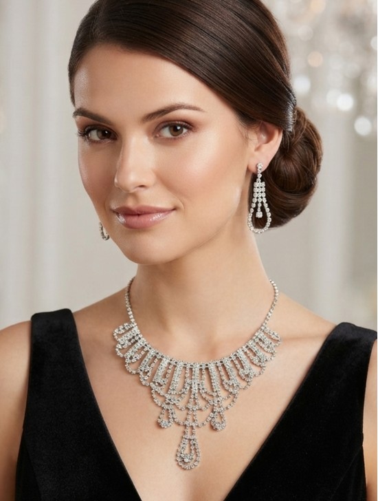 Adjustable Rhinestone Necklace And Earring Set